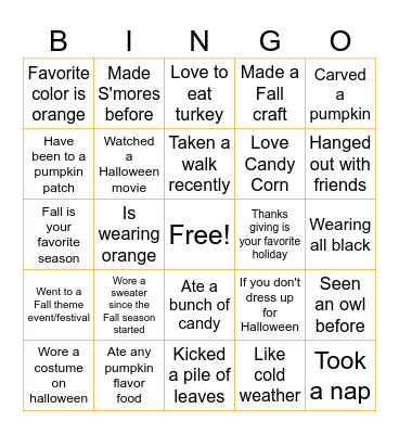 Fall Edition Bingo Card