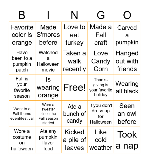 Fall Edition Bingo Card