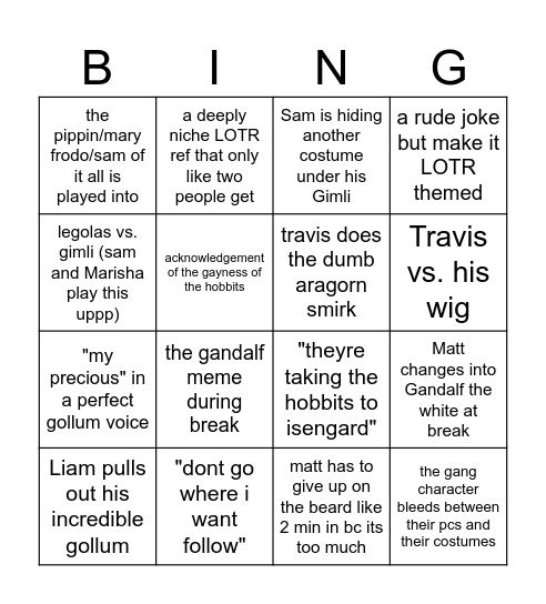 Lord of the Rings CR edition Bingo Card