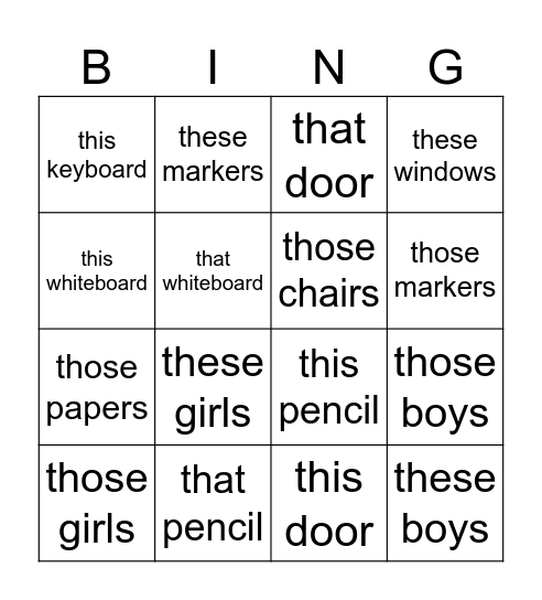 This/That/These/Those BING! Bingo Card