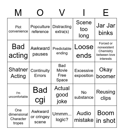 Bad Movie Bingo Card