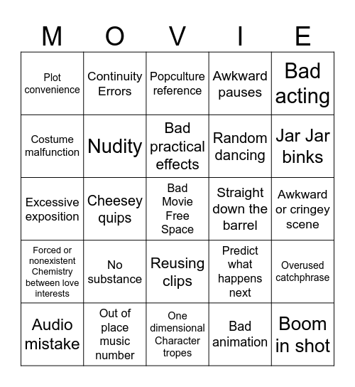 Bad Movie Bingo Card