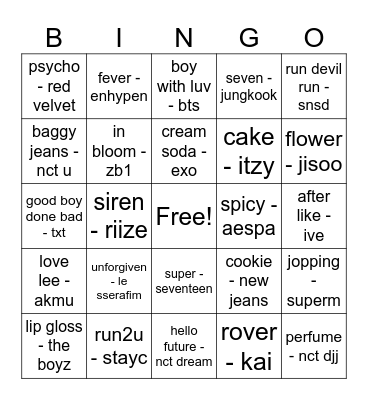 kpop songs Bingo Card