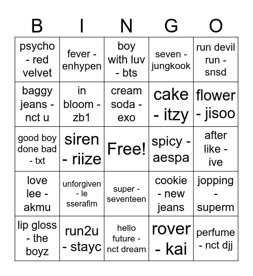 kpop songs Bingo Card