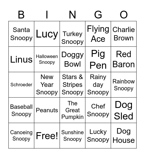 SNOOPY Bingo Card