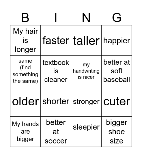 Comparison Bingo Card