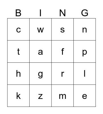 ABC Bingo, lowercase Bingo Card