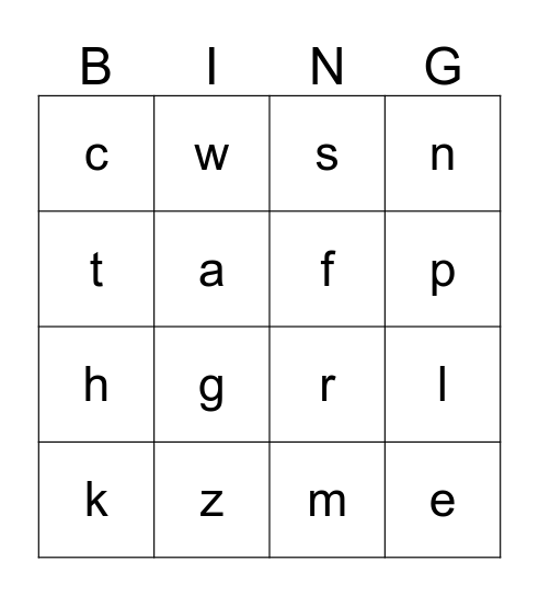 ABC Bingo, lowercase Bingo Card