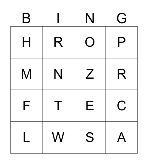 ABC Bingo, Uppercase Bingo Card