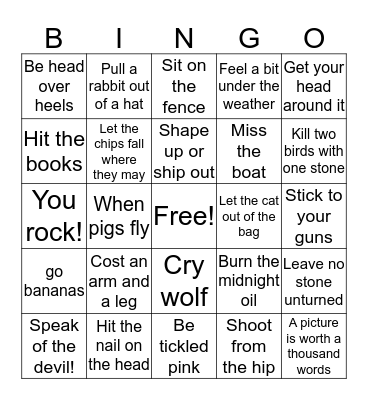 English Idioms and expressions Bingo Card