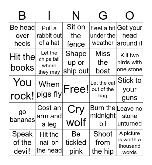 English Idioms and expressions Bingo Card
