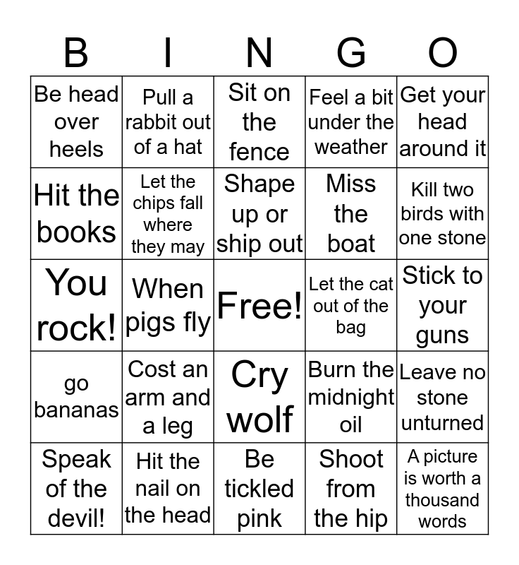 English Idioms and expressions Bingo Card
