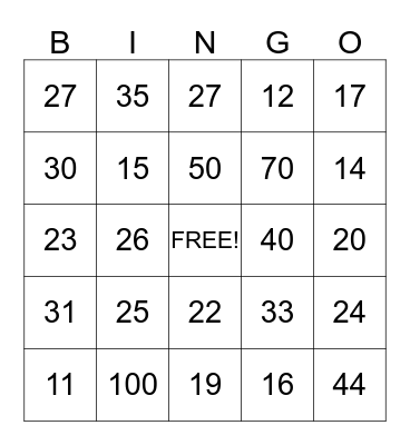 Number Bingo Card