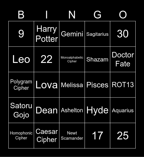 Hyde Bingo Card