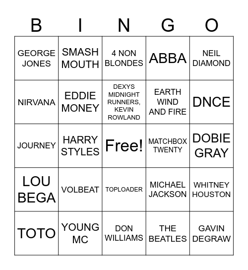 S   I   N   G   O Bingo Card