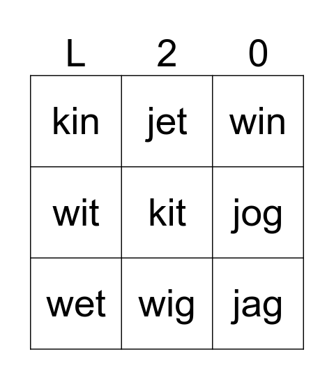 Lesson 20 Bingo Card