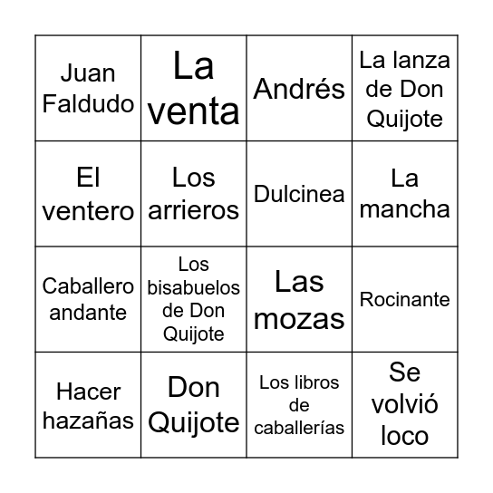 ¡Lotería! - Don Quijote (cap. I-VII) Bingo Card