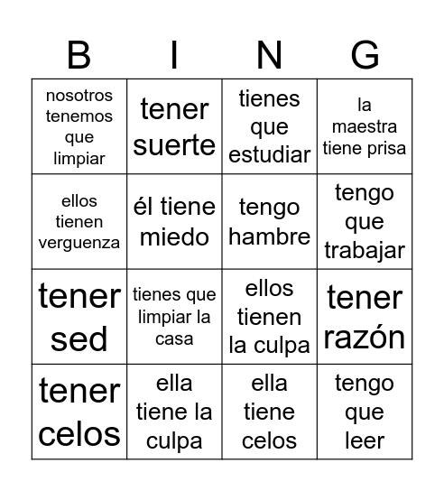 Leonardo- TENER EXPRESSIONS Bingo Card