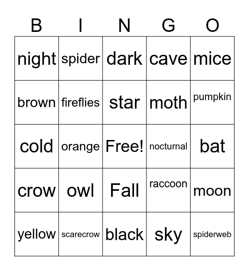Nocturnal Animals Bingo Card