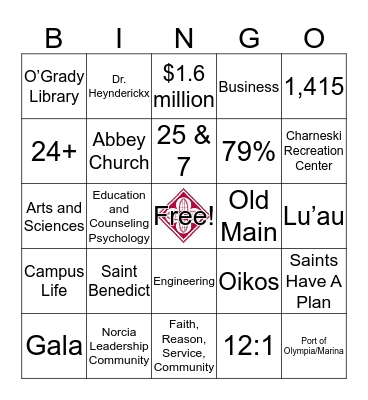 Benedictine Scholars Day Bingo Card