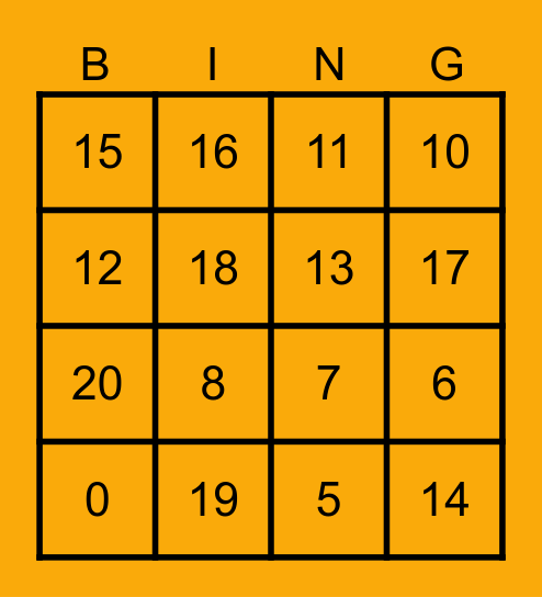 Numeros 0-20 Bingo Card