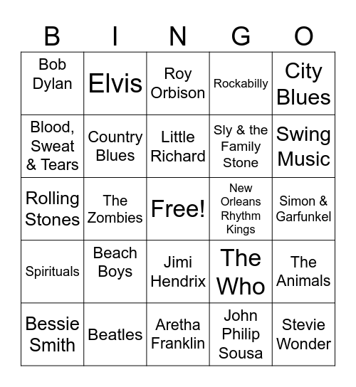 Rock History 1800s-1960s Bingo Card