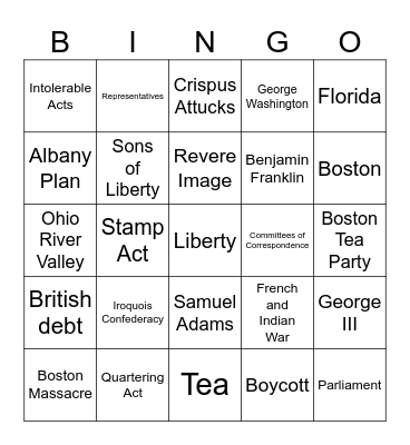 Colonial Conflict! Bingo Card