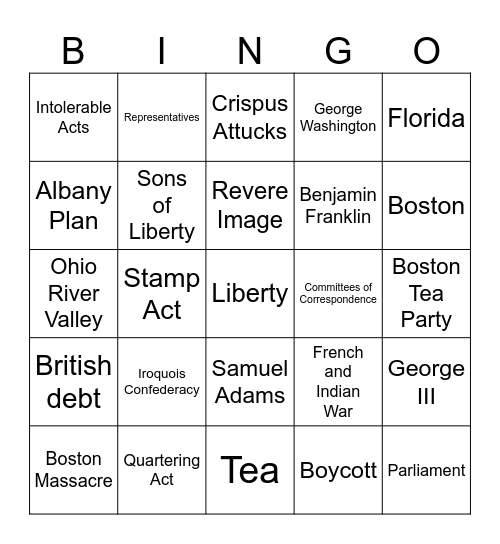 Colonial Conflict! Bingo Card
