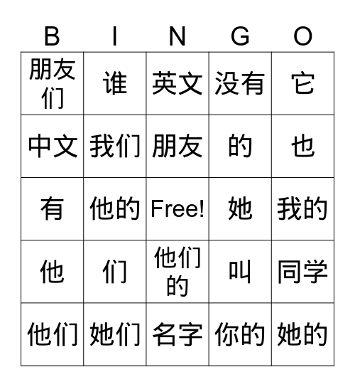 GFWC Unit 2 ni jiao shenme mingzi ? Bingo Card
