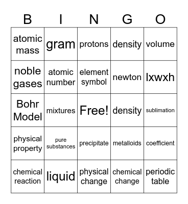 Unit 1 Matter Bingo Cards Bingo Card