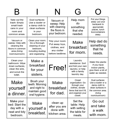 Chloe's chore list weekly Bingo Card