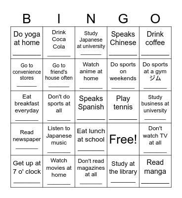 Write the person's name under the activity! Bingo Card