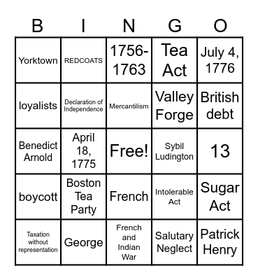 Revolutionary War Bingo Card