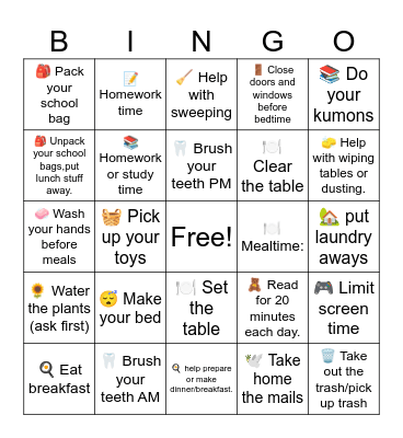 Chore list for EMMA Bingo Card