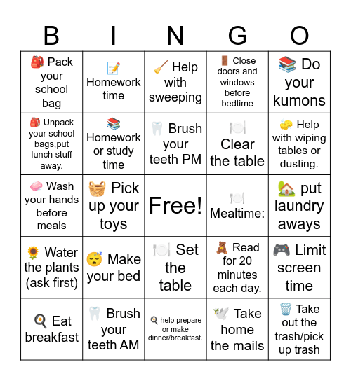 Chore list for EMMA Bingo Card