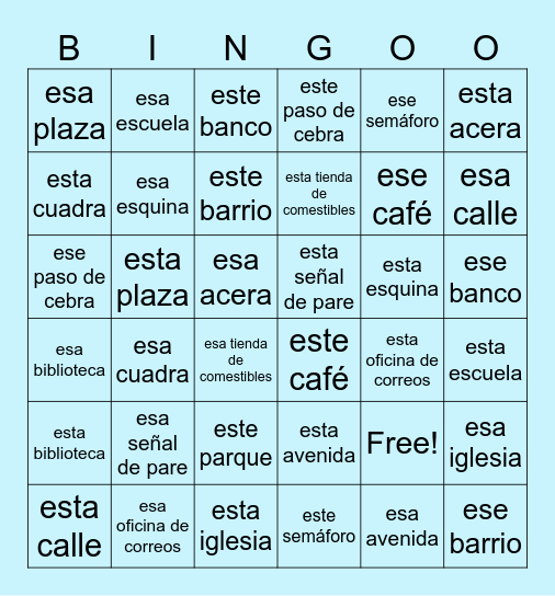 Barrio & Demonstrative Adj. Bingo Card