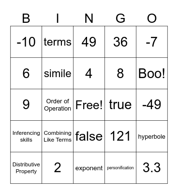 Math Bingo 10/20/23 Bingo Card