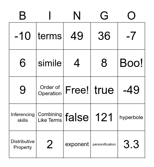 Math Bingo 10/20/23 Bingo Card