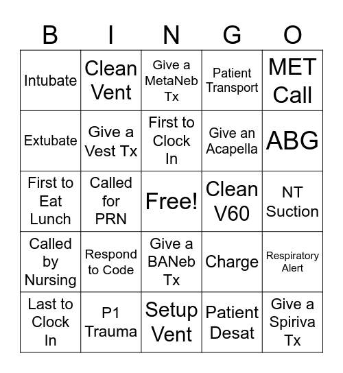 Respiratory Care Week Bingo Card