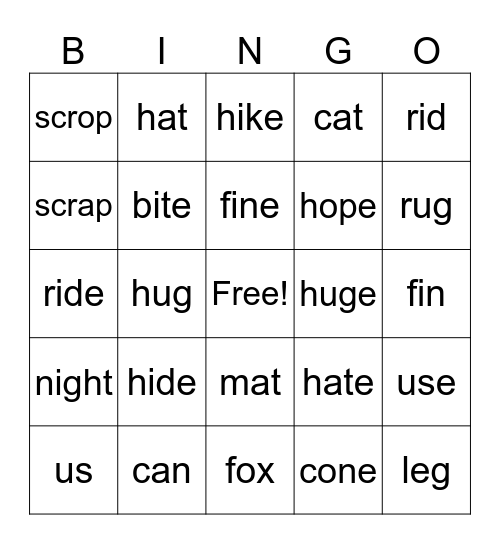 Short/Long bingo Card