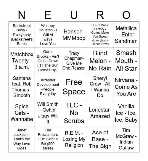 1990s Bingo Card