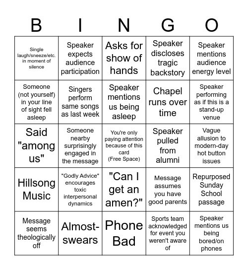 Chapel Bingo Card