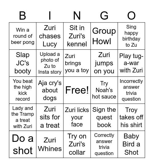 Zuri's Birthday Bingo Card