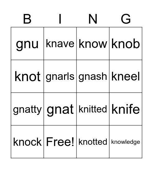 kn- and gn- Bingo Card