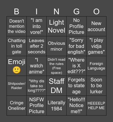 Toll Gate Bingo Card