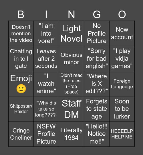 Toll Gate Bingo Card