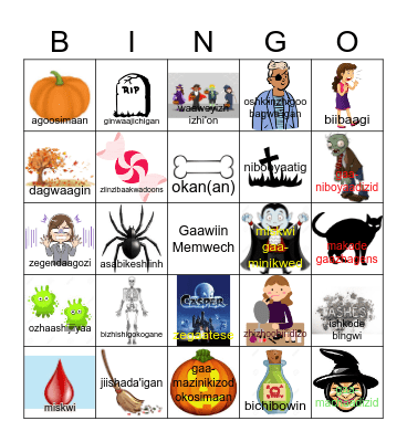 Gimoozaabichiganiwigiizhigad Halloween Bingo Card