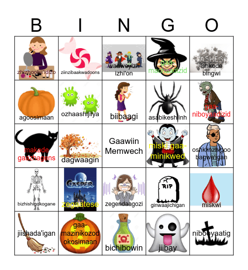 Gimoozaabichiganiwigiizhigad Halloween Bingo Card