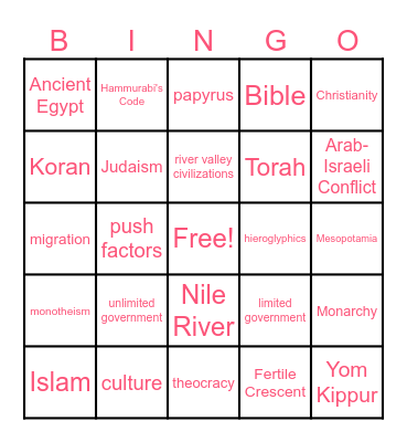 6th Grade Bingo Card