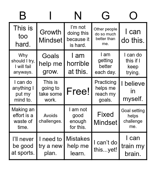 Growth Mindset Bingo Card